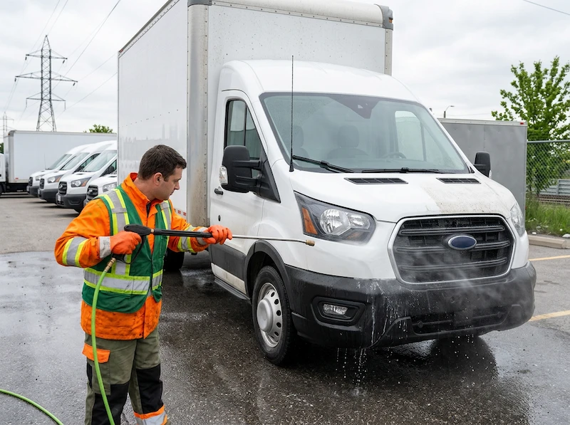 Technician pressure washing a white commercial van at a Vaughan service fleet yard.