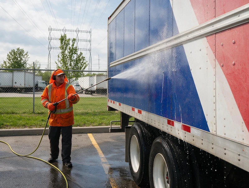 Technician washing a commercial trailer at a Vaughan transport fleet yard.